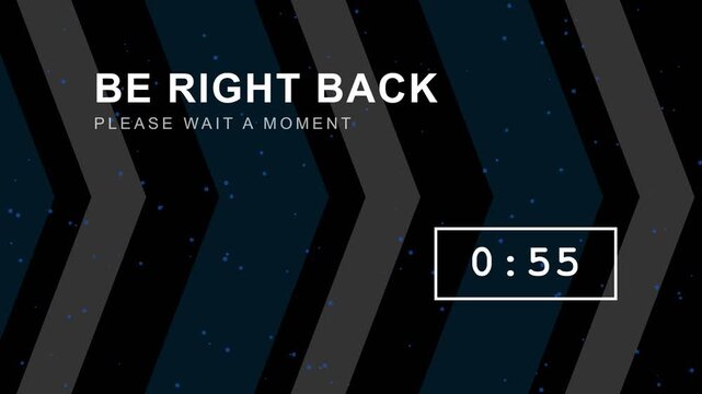 Livestream overlay with chevron bands and glowing blue particles scrolling behind a digital countdown timer for streaming be right back screens