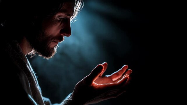 Jesus shares a message in a dark room with light shining on his outstretched hand