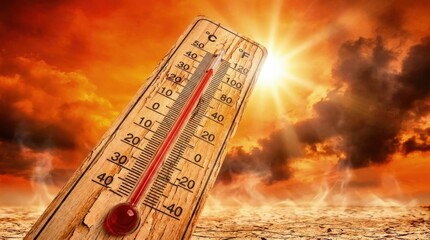 Obraz premium Scorching heatwave, global warming, wooden thermometer showing extreme warmth, intense sun, arid cracked land, climate emergency, severe drought