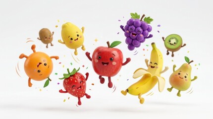 Fototapeta premium A cheerful group of colorful fruits, including apples, bananas, oranges, and kiwi, jumping and dancing in a playful and joyful manner against a white background.