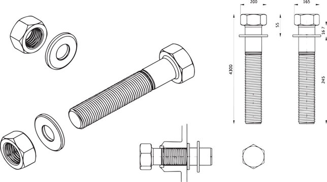 technical drawing of a bolt and nut assembly with dimensions