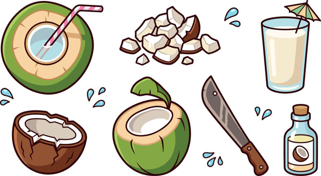 Coconut Vector Icon Set Featuring Fresh Green Drinking Coconuts Brown Cracked Halves Chunks Glass with Umbrella Machete and Oil Bottle for Tropical Designs