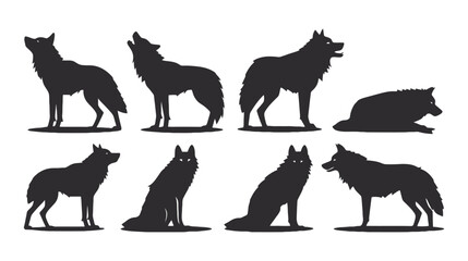 Obraz premium Wolf silhouette collection, 8 black wolf vector icons in various poses, wild animal silhouettes for hunting and nature logos, howling and sitting wolves
