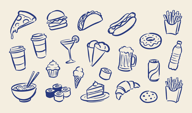Hand drawn fast food icons set, blue ink sketch doodle of snacks and drinks, 22 vector illustrations for restaurant menu design