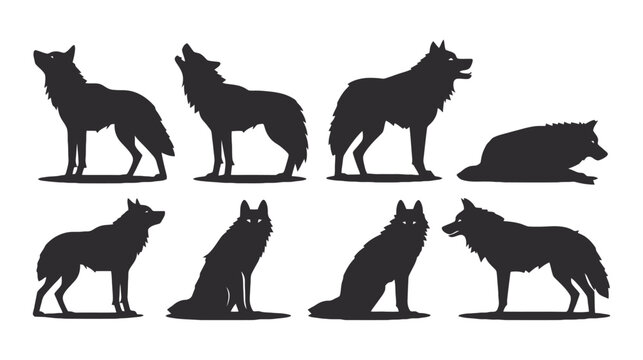 Wolf silhouette collection, 8 black wolf vector icons in various poses, wild animal silhouettes for hunting and nature logos, howling and sitting wolves