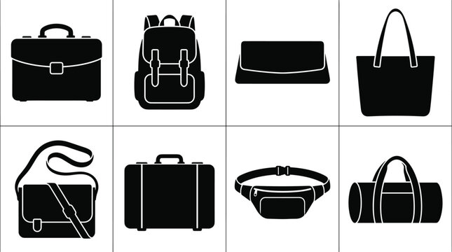Art & IllustrationCollection of various black bag and luggage silhouettes isolated on a clean white background