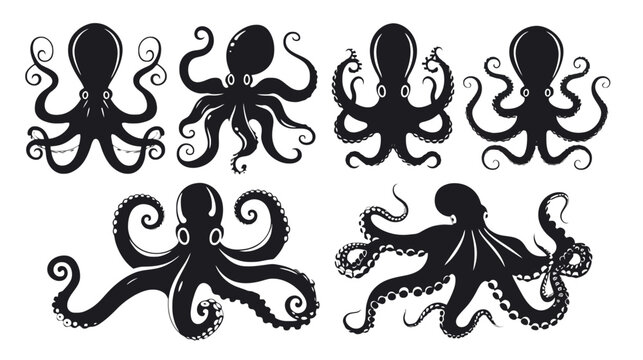 Black octopus silhouette collection, set of 6 sea creature vector icons, nautical kraken marine life illustrations for logo design and branding