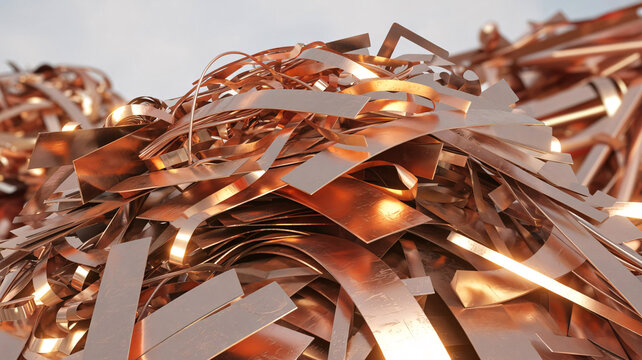 Shredded copper scrap metal strips as raw materials for industrial recycling of manufacturing waste