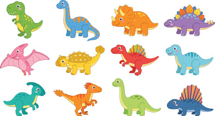 Cute Cartoon Dinosaur Vector Character Set Featuring Tyrannosaurus Rex Triceratops Stegosaurus Pterodactyl and Diverse Prehistoric Species for Kids Education and Nursery Design © Najir