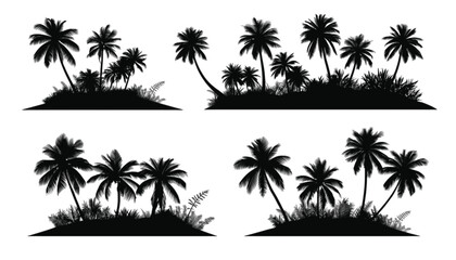 Obraz premium Palm trees grouped in four distinct clusters appear as black silhouettes against a clean white backdrop to represent tropical island settings suitable for travel branding and summer holiday themes.