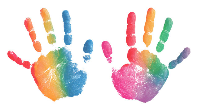 Colorful vibrant watercolor overlapping handprints representing diversity and childhood art on white background vector illustration.