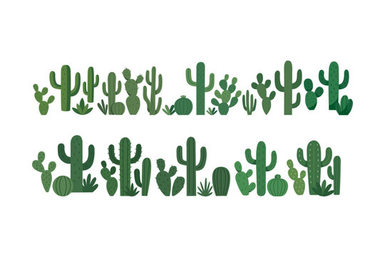 A decorative border composed of various green cactus silhouettes against a white background