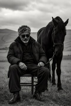 Older man sitting connecting with his horse in a rural field, partnership and wisdom in monochrome