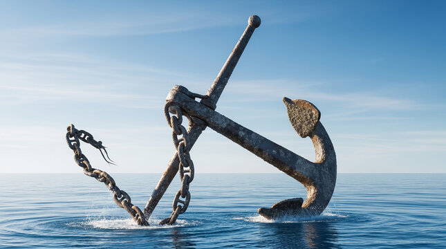 Massive iron anchor breaking out of the ocean into a blue sky, symbolizing business freedom, strategic growth, and overcoming obstacles.