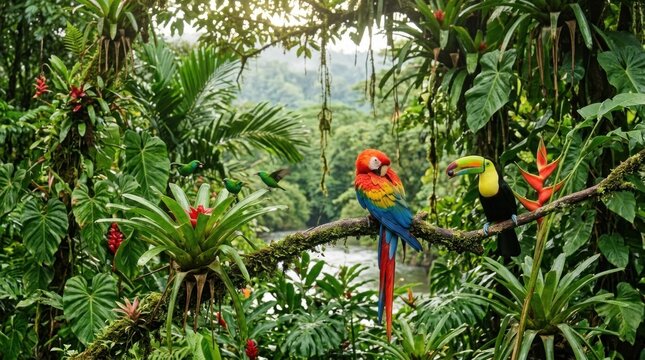 Two colorful parrots perched on a branch in a lush, green jungle setting, with a river and mountains in the background.