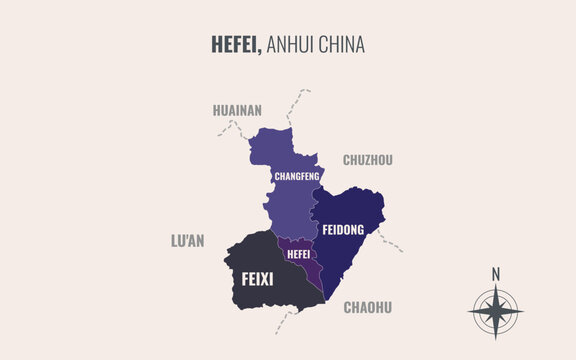 A map showing hefei anhui Prefacture into County in a minimalist colorful style
