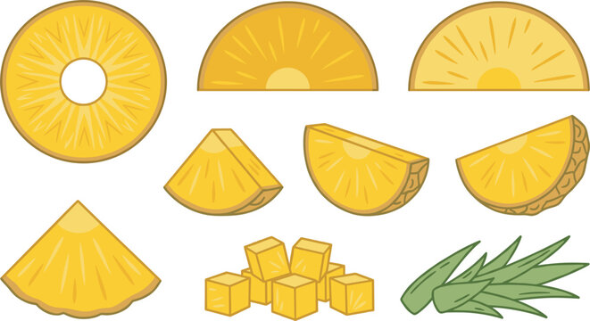 Fresh pineapple slice fruit vector illustration set with ring half chunks pieces and leaves on white background