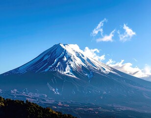 Fototapeta premium Majestic Mount Fuji Under a Clear Blue Sky with Wisps of Clouds