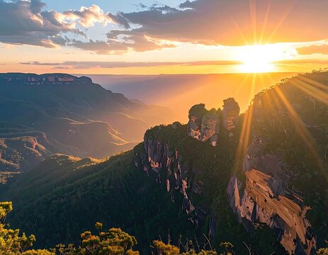 Golden hour sunbeams illuminate the majestic Three Sisters rock formation in the Blue Mountains.