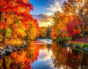 Obraz premium Vibrant autumn foliage reflects in a tranquil river under a golden sunset.
