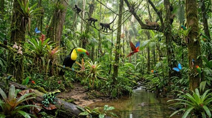 Obraz premium A lush tropical rainforest with a river, a large toucan, and various colorful birds in the background.