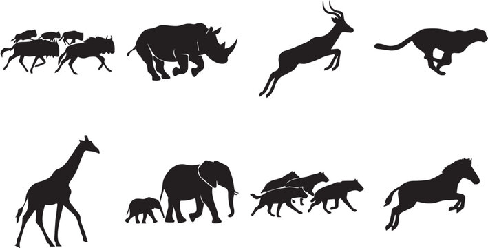 African safari wildlife animal silhouettes set featuring running cheetah rhino giraffe elephant and wildebeest icons