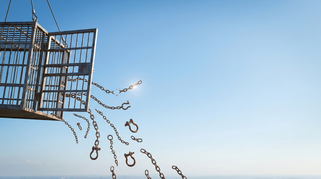 Open steel cage door and falling chains in a blue sky representing corporate freedom and overcoming business barriers.