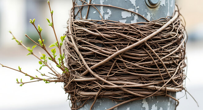 Twisted vine nest wrapped around a metallic pole with abstract wrapping botanical greenery close-up background resilience structure sculpture