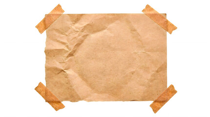 Fototapeta premium Vintage crumpled brown paper sheet with adhesive tape, rustic textured kraft paper note on white background, antique scrapbooking paper element