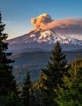 Majestic volcano erupting with a plume of smoke against a clear blue sky.