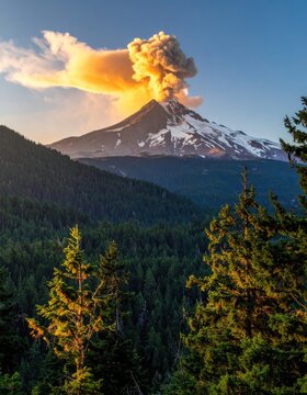 A majestic volcano erupts, spewing a massive plume of ash and smoke into the sky.