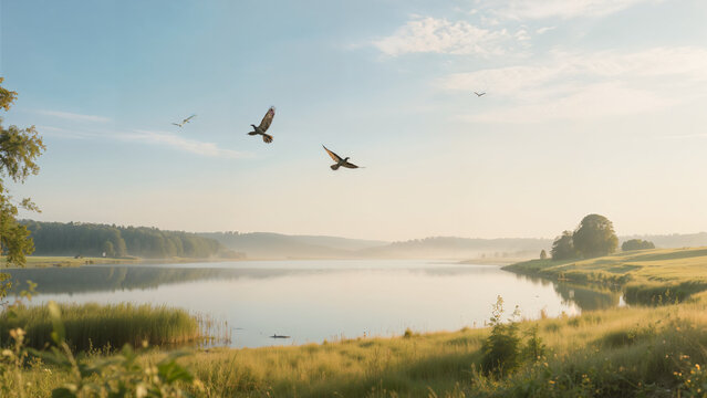 Several wild ducks fly over a calm misty lake at sunrise, with green meadows and rolling hills fading into soft morning haze in a peaceful countryside panorama.