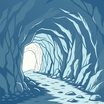 Illustration of a cave with a stream and light at the end illustration adventure exploration
