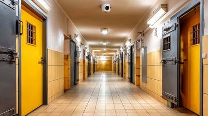 Obraz premium Bright Yellow Doors in a Long Corridor of Prison Cells