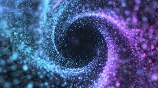 Abstract digital animation of glowing blue and purple particles swirling in a spiral formation around a central dark hole with bokeh lighting effects and small floating dust specs.