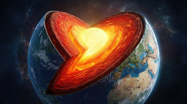 Earth, visible internal structure, vibrant glowing core, molten outer mantle, solid inner crust, exposed geological layers, planetary composition concept, scientific educational model.