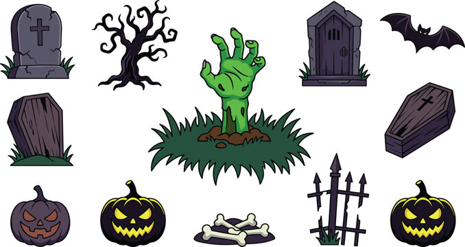 Spooky Halloween Graveyard Vector Illustration Set with Zombie Hand, Tombstones, Pumpkins, Coffins, Bat, and Bare Tree for Holiday Designs