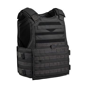 Black tactical bulletproof vest with molle webbing and adjustable straps on white background