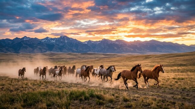 A herd of wild horses galloping across a grassy plain with majestic mountains in the background and a dramatic sunset sky.