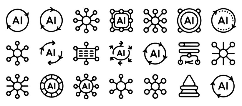 Modern artificial intelligence icon set. Outline technology graphics for AI, machine learning, and digital innovation. Editable vector illustration.