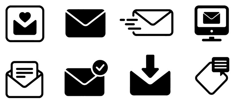 Minimal envelope icon set. Mail, letter, incoming and outgoing message icons with heart, check and download concepts. Modern vector illustration for communication design.