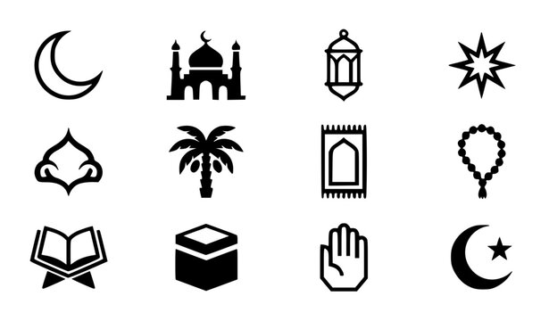 Modern abstract ramadan symbol vector clipart set with minimalist clean outline islamic mosque and lantern graphics black and white