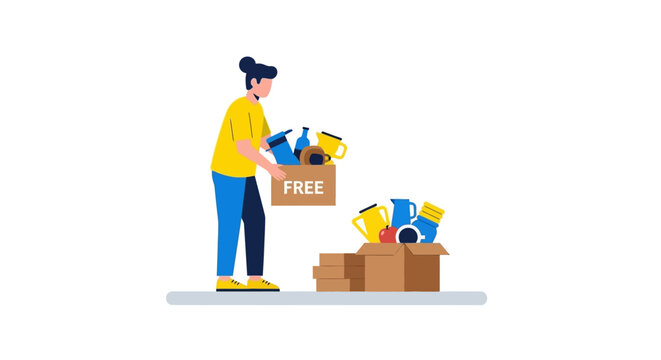 Woman Holding a Cardboard Box of Free Household Items for Donation and Decluttering, Flat Vector Illustration Concept of Charity and Sustainable Living