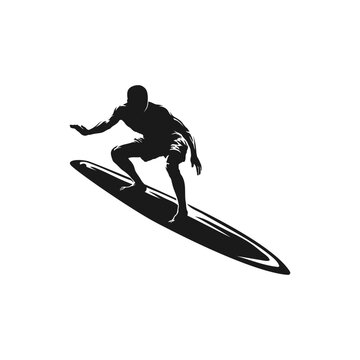 Silhouette Surfer Riding Longboard Wave Vector Illustration