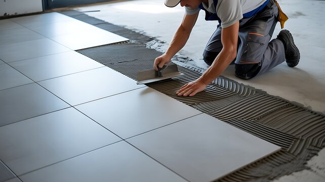 The hands of the tiler are laying the ceramic tile on the floor. Close up macro shot. Home renovation and building new house concept
