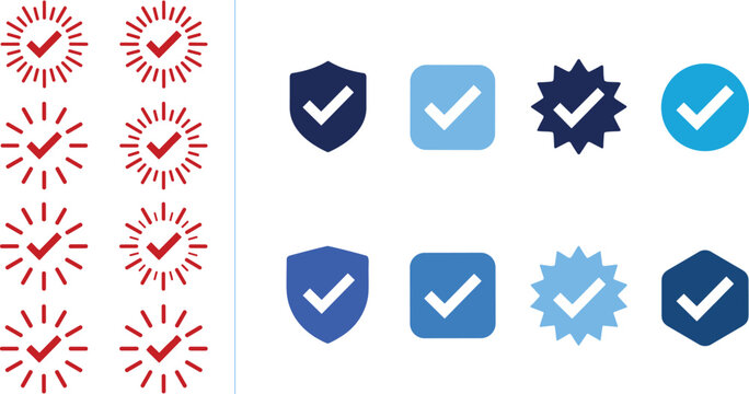 Checkmark symbol icons with red burst circles blue shield square star variations vector illustration artwork