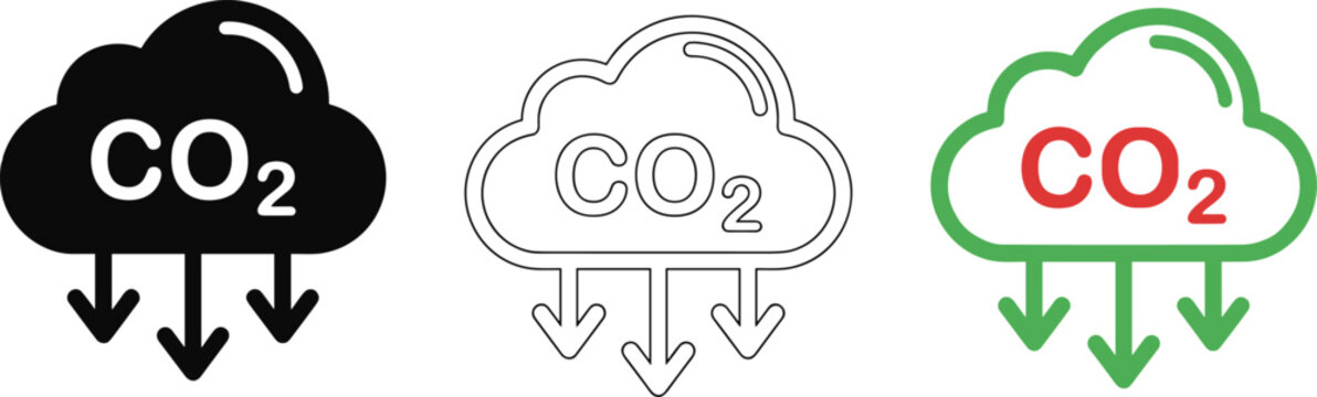 CO₂ cloud icons with emission reduction arrows black outline green variations vector illustration artwork