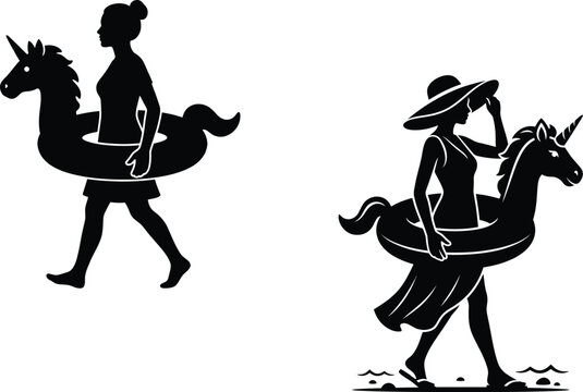 Set of 2 black women silhouettes wearing beautiful unicorn pool float rings for a fun summer vacation, but not for cold winter concepts.
