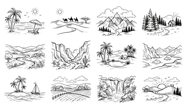 Hand Drawn Doodle Landscape Scene Icon Collection Black Outline Vector Set