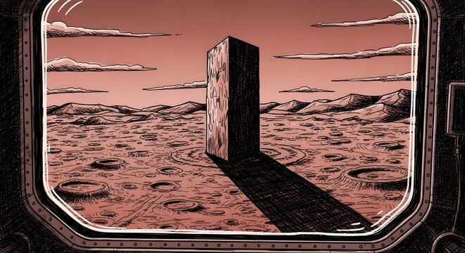 Black monolith standing on alien planet surface viewed from spaceship window